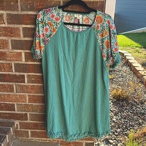 UMGEE Ladies S Soft Teal Floral Fringe Long Tunic/Midi Dress w/pockets